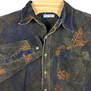 VINTAGE Bugle Boy Corduroy Paisley Shirt Mens Large Leaf Print Long Sleeve Green